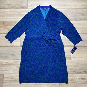 Chaps Womens Faux Wrap 3/4‎ Sleeve Floral Dress Size 20W Blue Green Black
